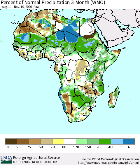 Africa Percent of Normal Precipitation 3-Month (WMO) Thematic Map For 8/11/2020 - 11/10/2020