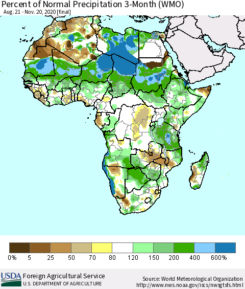Africa Percent of Normal Precipitation 3-Month (WMO) Thematic Map For 8/21/2020 - 11/20/2020