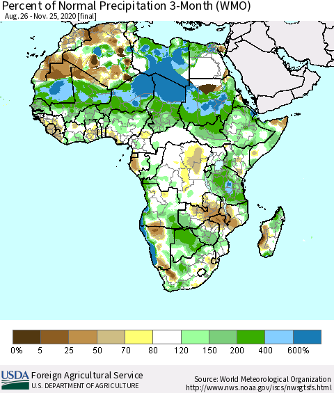 Africa Percent of Normal Precipitation 3-Month (WMO) Thematic Map For 8/26/2020 - 11/25/2020