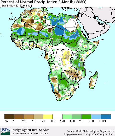 Africa Percent of Normal Precipitation 3-Month (WMO) Thematic Map For 9/1/2020 - 11/30/2020