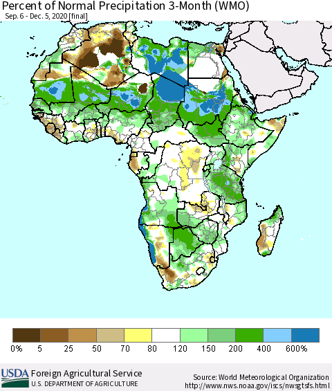 Africa Percent of Normal Precipitation 3-Month (WMO) Thematic Map For 9/6/2020 - 12/5/2020