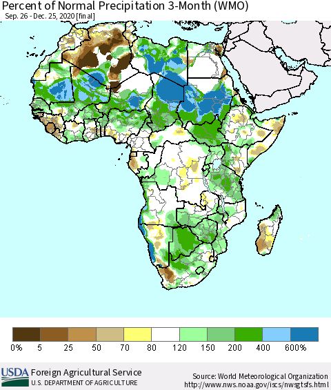 Africa Percent of Normal Precipitation 3-Month (WMO) Thematic Map For 9/26/2020 - 12/25/2020