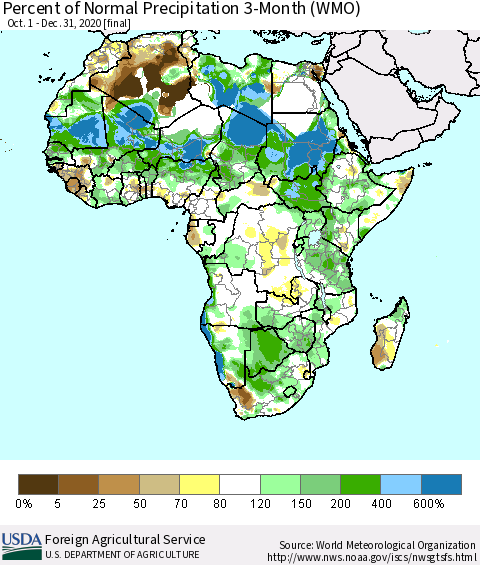 Africa Percent of Normal Precipitation 3-Month (WMO) Thematic Map For 10/1/2020 - 12/31/2020