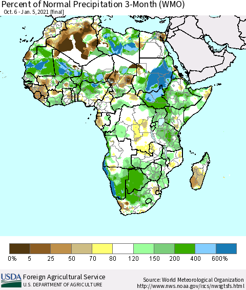 Africa Percent of Normal Precipitation 3-Month (WMO) Thematic Map For 10/6/2020 - 1/5/2021
