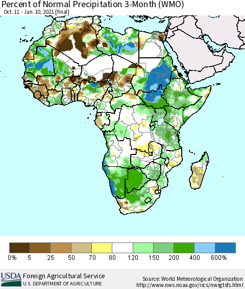 Africa Percent of Normal Precipitation 3-Month (WMO) Thematic Map For 10/11/2020 - 1/10/2021
