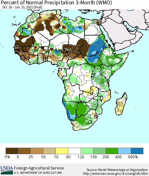 Africa Percent of Normal Precipitation 3-Month (WMO) Thematic Map For 10/16/2020 - 1/15/2021