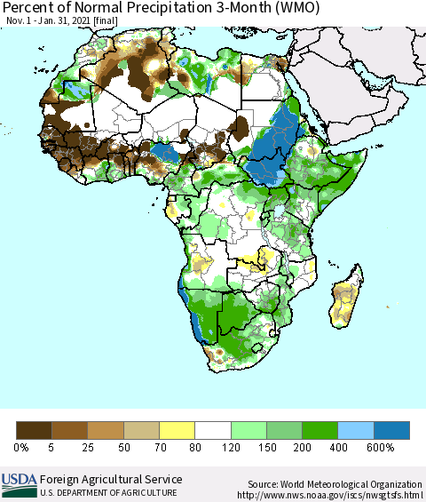 Africa Percent of Normal Precipitation 3-Month (WMO) Thematic Map For 11/1/2020 - 1/31/2021