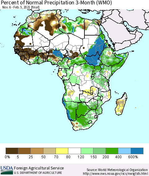 Africa Percent of Normal Precipitation 3-Month (WMO) Thematic Map For 11/6/2020 - 2/5/2021