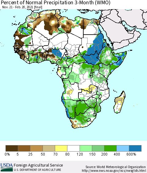 Africa Percent of Normal Precipitation 3-Month (WMO) Thematic Map For 11/21/2020 - 2/20/2021