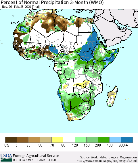 Africa Percent of Normal Precipitation 3-Month (WMO) Thematic Map For 11/26/2020 - 2/25/2021