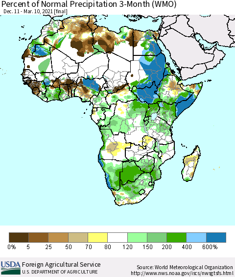 Africa Percent of Normal Precipitation 3-Month (WMO) Thematic Map For 12/11/2020 - 3/10/2021