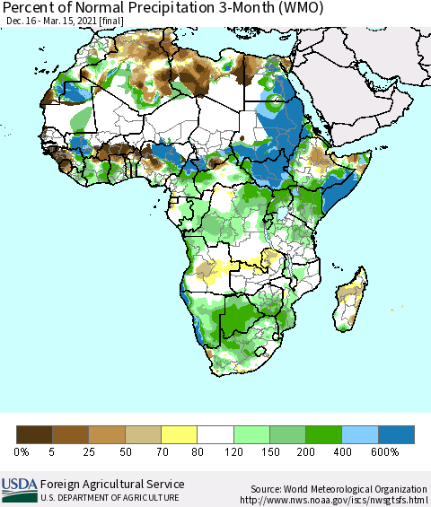 Africa Percent of Normal Precipitation 3-Month (WMO) Thematic Map For 12/16/2020 - 3/15/2021