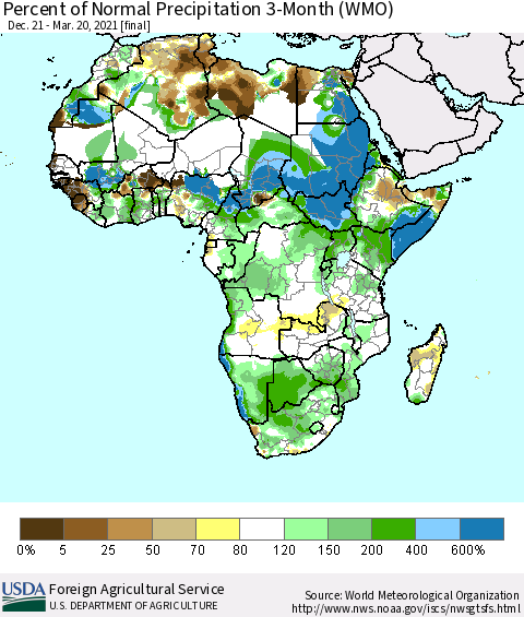 Africa Percent of Normal Precipitation 3-Month (WMO) Thematic Map For 12/21/2020 - 3/20/2021