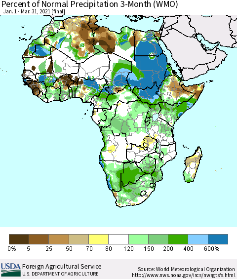 Africa Percent of Normal Precipitation 3-Month (WMO) Thematic Map For 1/1/2021 - 3/31/2021