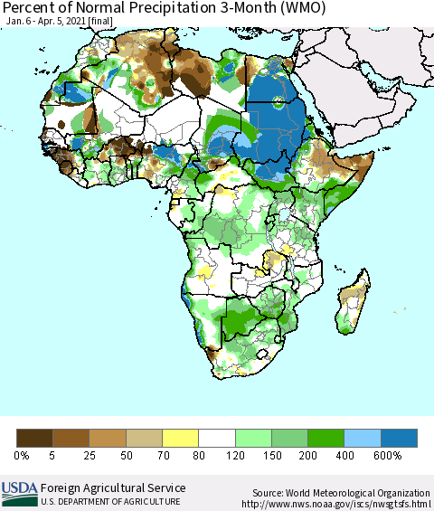 Africa Percent of Normal Precipitation 3-Month (WMO) Thematic Map For 1/6/2021 - 4/5/2021