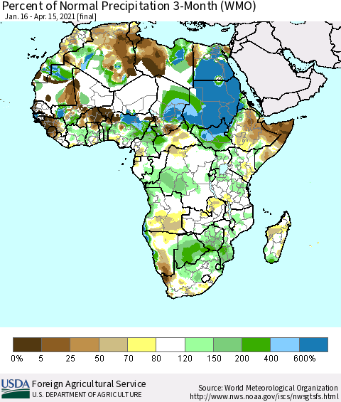 Africa Percent of Normal Precipitation 3-Month (WMO) Thematic Map For 1/16/2021 - 4/15/2021