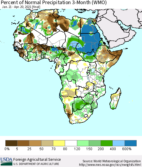 Africa Percent of Normal Precipitation 3-Month (WMO) Thematic Map For 1/21/2021 - 4/20/2021