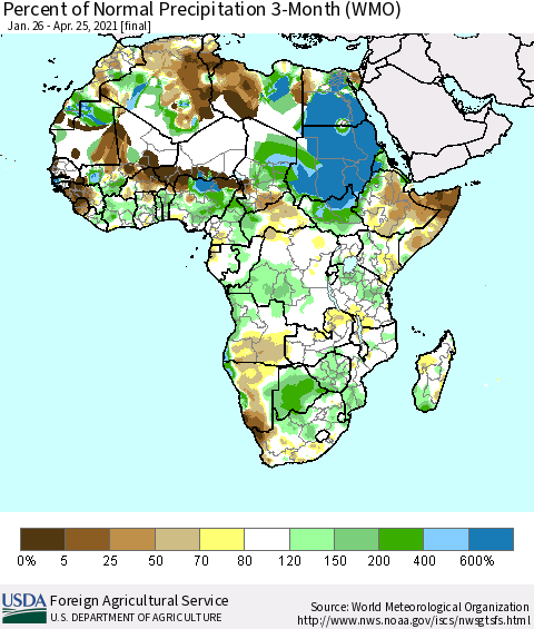 Africa Percent of Normal Precipitation 3-Month (WMO) Thematic Map For 1/26/2021 - 4/25/2021