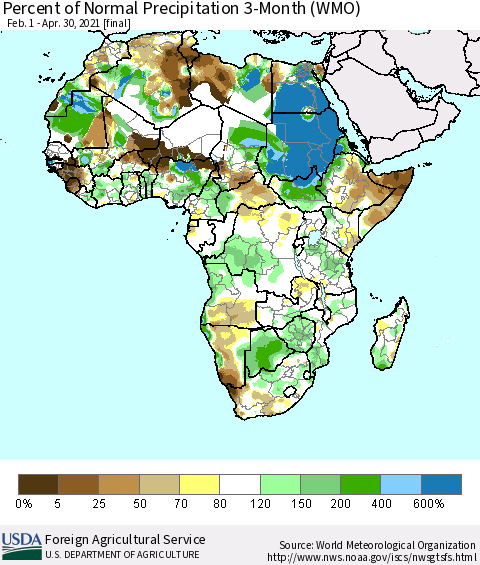 Africa Percent of Normal Precipitation 3-Month (WMO) Thematic Map For 2/1/2021 - 4/30/2021