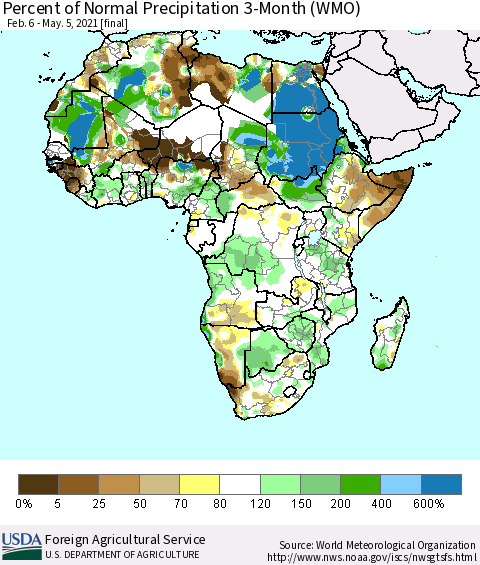 Africa Percent of Normal Precipitation 3-Month (WMO) Thematic Map For 2/6/2021 - 5/5/2021