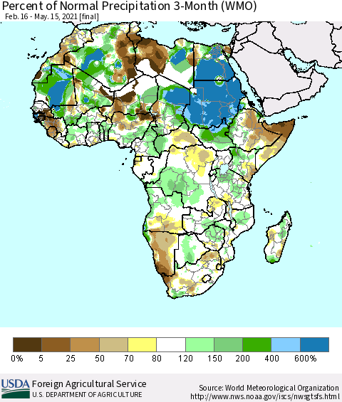 Africa Percent of Normal Precipitation 3-Month (WMO) Thematic Map For 2/16/2021 - 5/15/2021