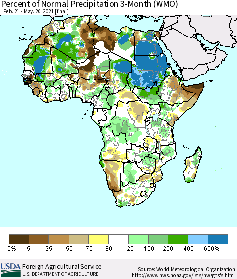 Africa Percent of Normal Precipitation 3-Month (WMO) Thematic Map For 2/21/2021 - 5/20/2021
