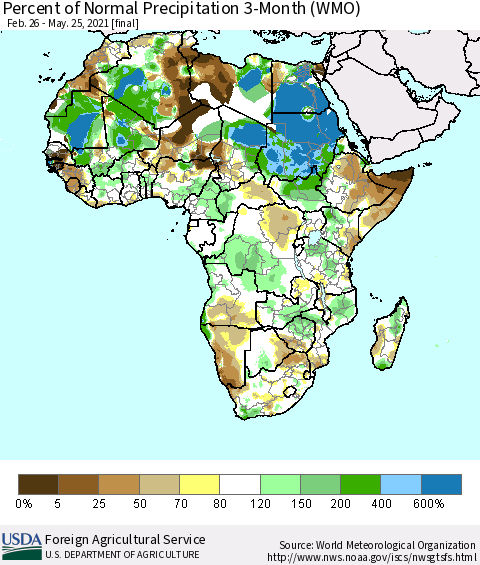 Africa Percent of Normal Precipitation 3-Month (WMO) Thematic Map For 2/26/2021 - 5/25/2021