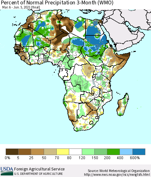 Africa Percent of Normal Precipitation 3-Month (WMO) Thematic Map For 3/6/2021 - 6/5/2021