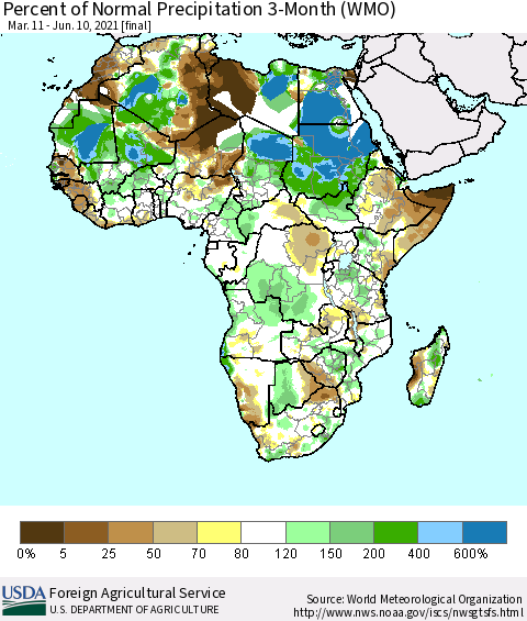 Africa Percent of Normal Precipitation 3-Month (WMO) Thematic Map For 3/11/2021 - 6/10/2021