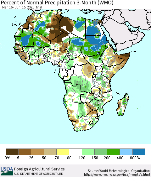 Africa Percent of Normal Precipitation 3-Month (WMO) Thematic Map For 3/16/2021 - 6/15/2021