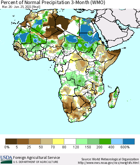 Africa Percent of Normal Precipitation 3-Month (WMO) Thematic Map For 3/26/2021 - 6/25/2021