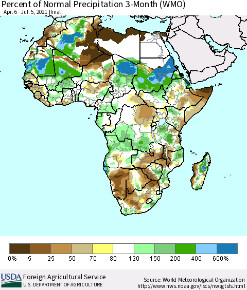 Africa Percent of Normal Precipitation 3-Month (WMO) Thematic Map For 4/6/2021 - 7/5/2021