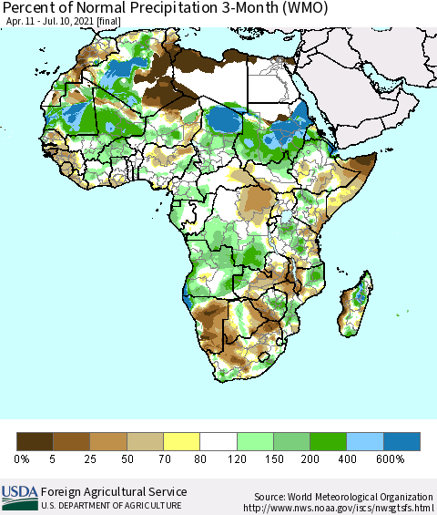 Africa Percent of Normal Precipitation 3-Month (WMO) Thematic Map For 4/11/2021 - 7/10/2021