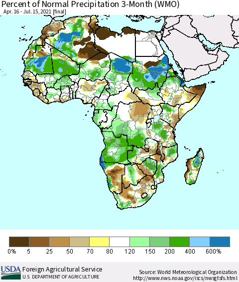 Africa Percent of Normal Precipitation 3-Month (WMO) Thematic Map For 4/16/2021 - 7/15/2021