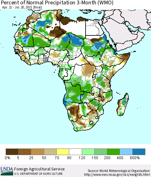 Africa Percent of Normal Precipitation 3-Month (WMO) Thematic Map For 4/21/2021 - 7/20/2021