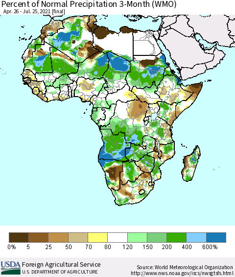 Africa Percent of Normal Precipitation 3-Month (WMO) Thematic Map For 4/26/2021 - 7/25/2021