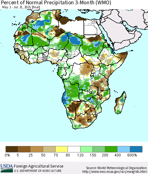 Africa Percent of Normal Precipitation 3-Month (WMO) Thematic Map For 5/1/2021 - 7/31/2021
