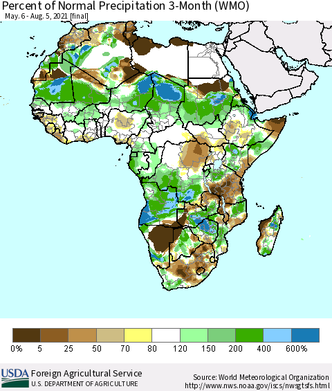 Africa Percent of Normal Precipitation 3-Month (WMO) Thematic Map For 5/6/2021 - 8/5/2021