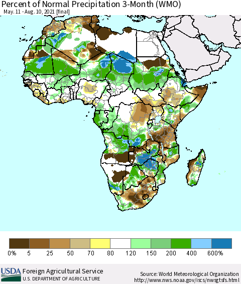 Africa Percent of Normal Precipitation 3-Month (WMO) Thematic Map For 5/11/2021 - 8/10/2021