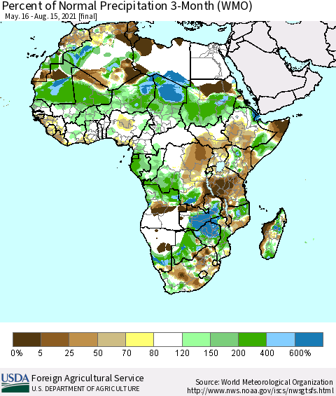 Africa Percent of Normal Precipitation 3-Month (WMO) Thematic Map For 5/16/2021 - 8/15/2021