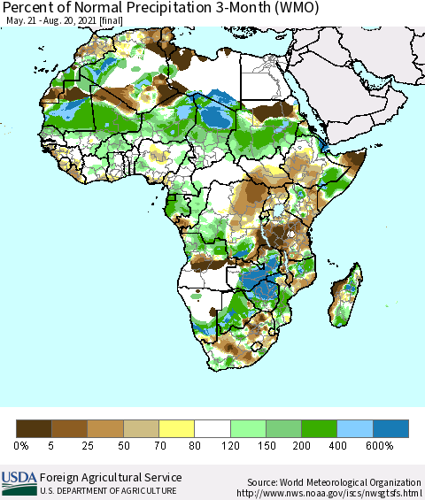 Africa Percent of Normal Precipitation 3-Month (WMO) Thematic Map For 5/21/2021 - 8/20/2021