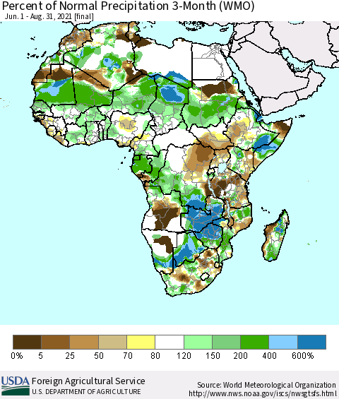 Africa Percent of Normal Precipitation 3-Month (WMO) Thematic Map For 6/1/2021 - 8/31/2021