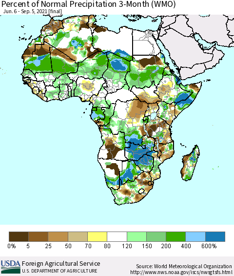 Africa Percent of Normal Precipitation 3-Month (WMO) Thematic Map For 6/6/2021 - 9/5/2021