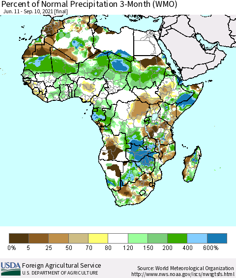 Africa Percent of Normal Precipitation 3-Month (WMO) Thematic Map For 6/11/2021 - 9/10/2021