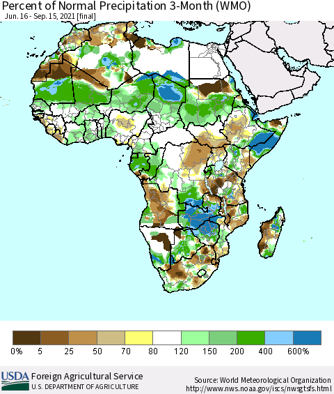 Africa Percent of Normal Precipitation 3-Month (WMO) Thematic Map For 6/16/2021 - 9/15/2021