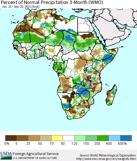 Africa Percent of Normal Precipitation 3-Month (WMO) Thematic Map For 6/21/2021 - 9/20/2021