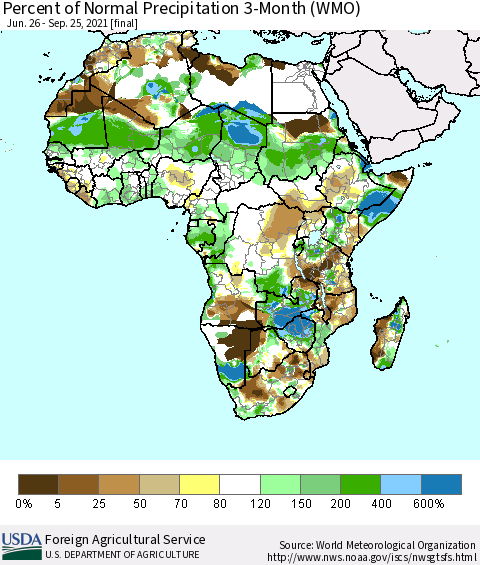 Africa Percent of Normal Precipitation 3-Month (WMO) Thematic Map For 6/26/2021 - 9/25/2021