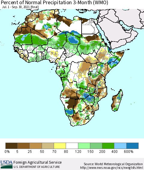 Africa Percent of Normal Precipitation 3-Month (WMO) Thematic Map For 7/1/2021 - 9/30/2021