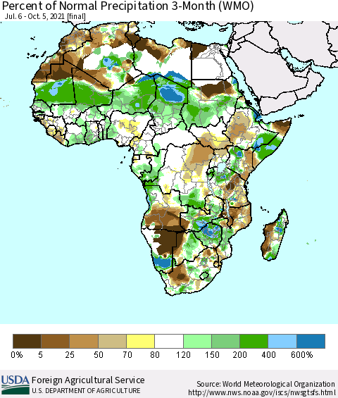 Africa Percent of Normal Precipitation 3-Month (WMO) Thematic Map For 7/6/2021 - 10/5/2021