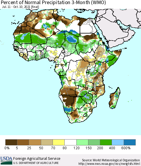 Africa Percent of Normal Precipitation 3-Month (WMO) Thematic Map For 7/11/2021 - 10/10/2021